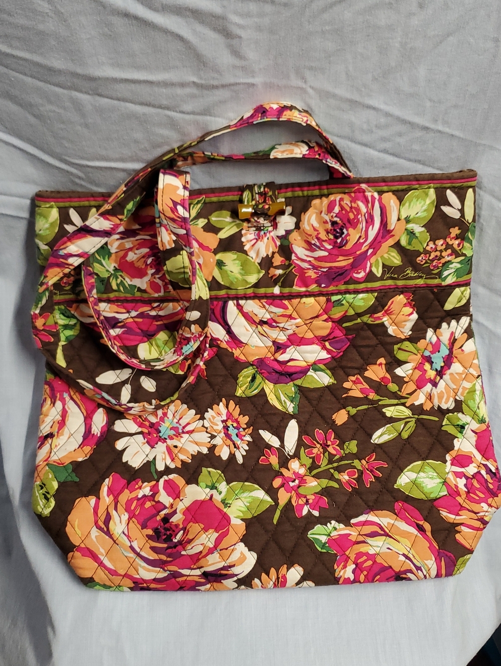 Vera Bradley Brown Floral Quilted Tote with Pink, Orange & Green Blooms